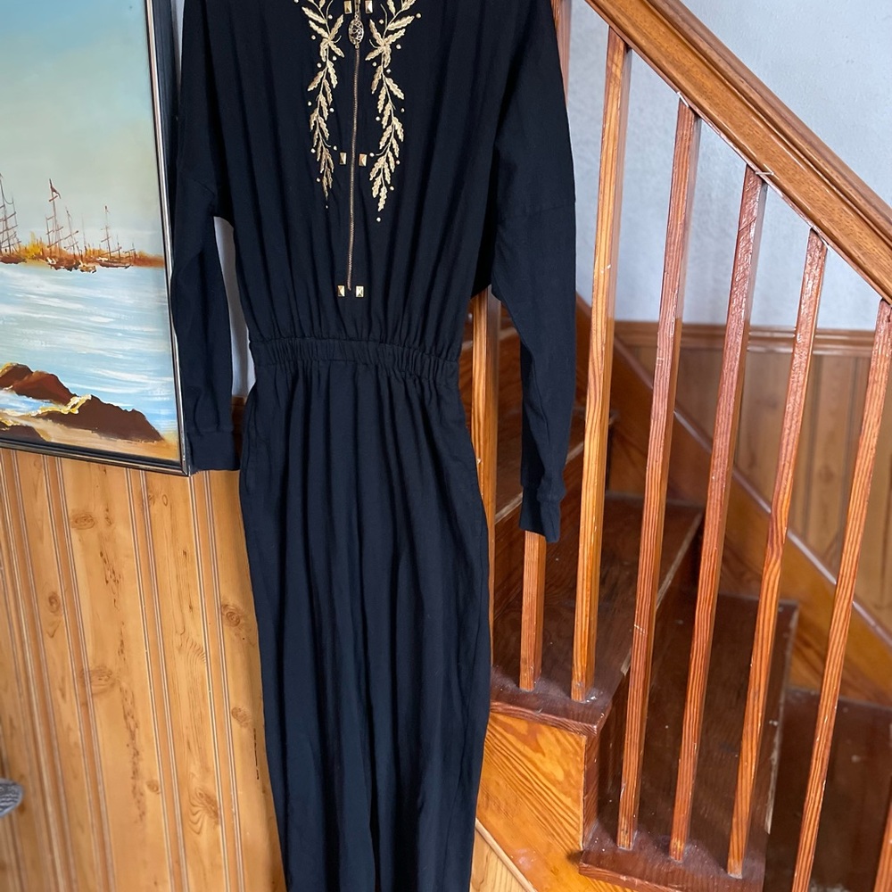 Vintage Elegant Black Romper Jumpsuit with Gold Embroidery, Women’s petite XL
